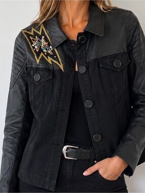 Jazmin Chebar Black Embellished Leather-Panel Jacket with Lightning Patch -